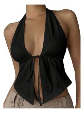 Women's Halter Top Deep V Neck Tie Front Crop Tank Top